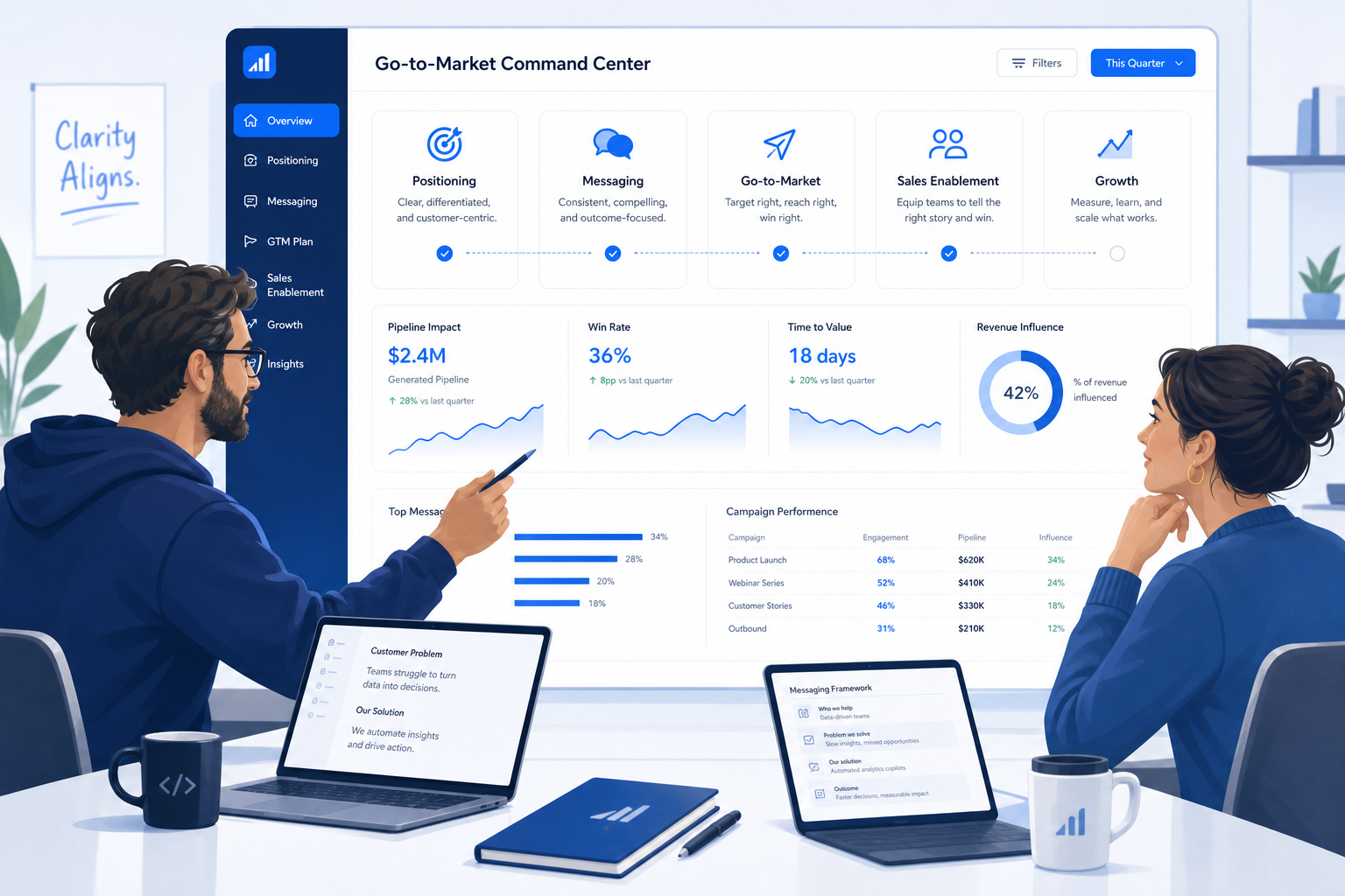 Editorial illustration of B2B SaaS product marketing strategy